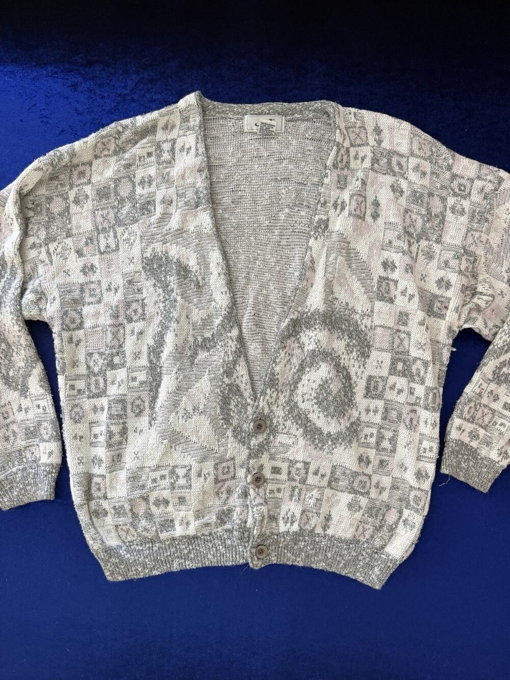 Vintage 90s JED Oversized Patterned Knit Cardigan Sweater Beige Grey - Size XL
